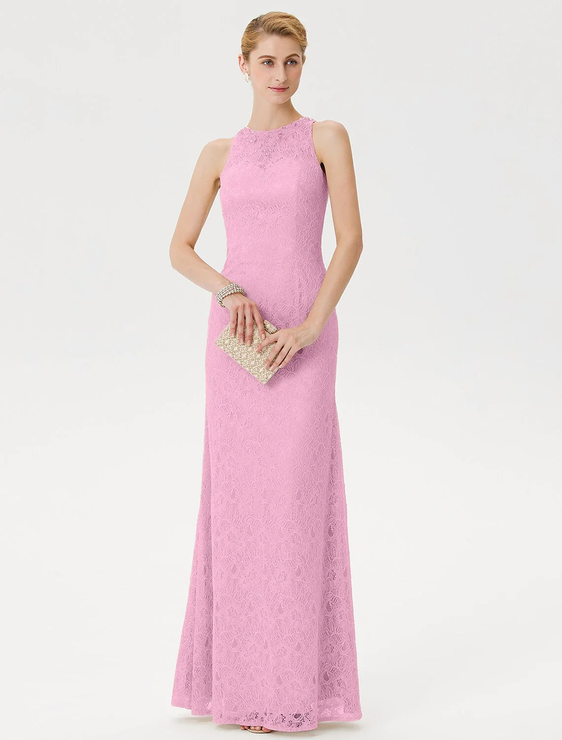 Wholesale Sheath / Column Mother of the Bride Dress Elegant See Through Illusion Neck Floor Length Lace Sleeveless with Crystals Beading