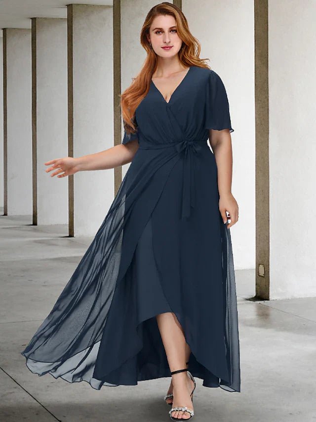 Wholesale A-Line Plus Size Curve Mother of the Bride Dresses Elegant Dress Formal Asymmetrical Short Sleeve V Neck Chiffon with Bow(s) Slit