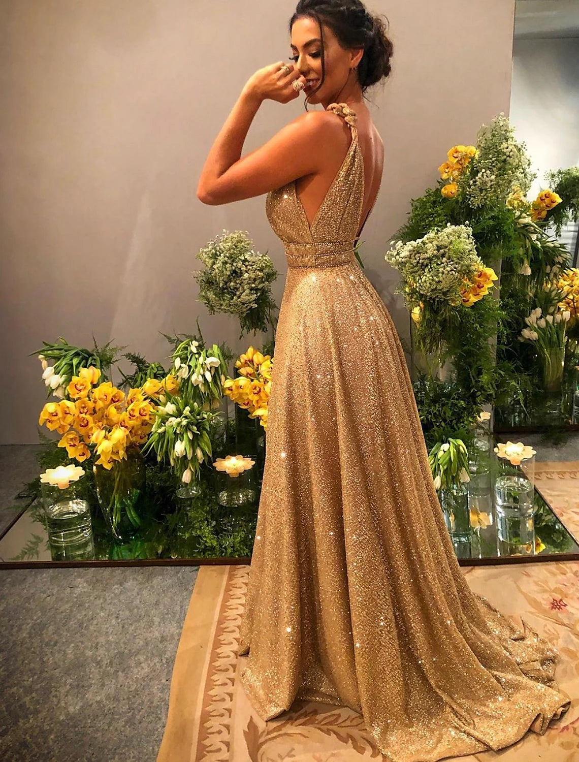 Wholesale  A-Line Prom Dresses Glittering Dress Evening Party Formal Evening Sweep / Brush Train Sleeveless Spaghetti Strap Stretch Satin Backless with Rhinestone