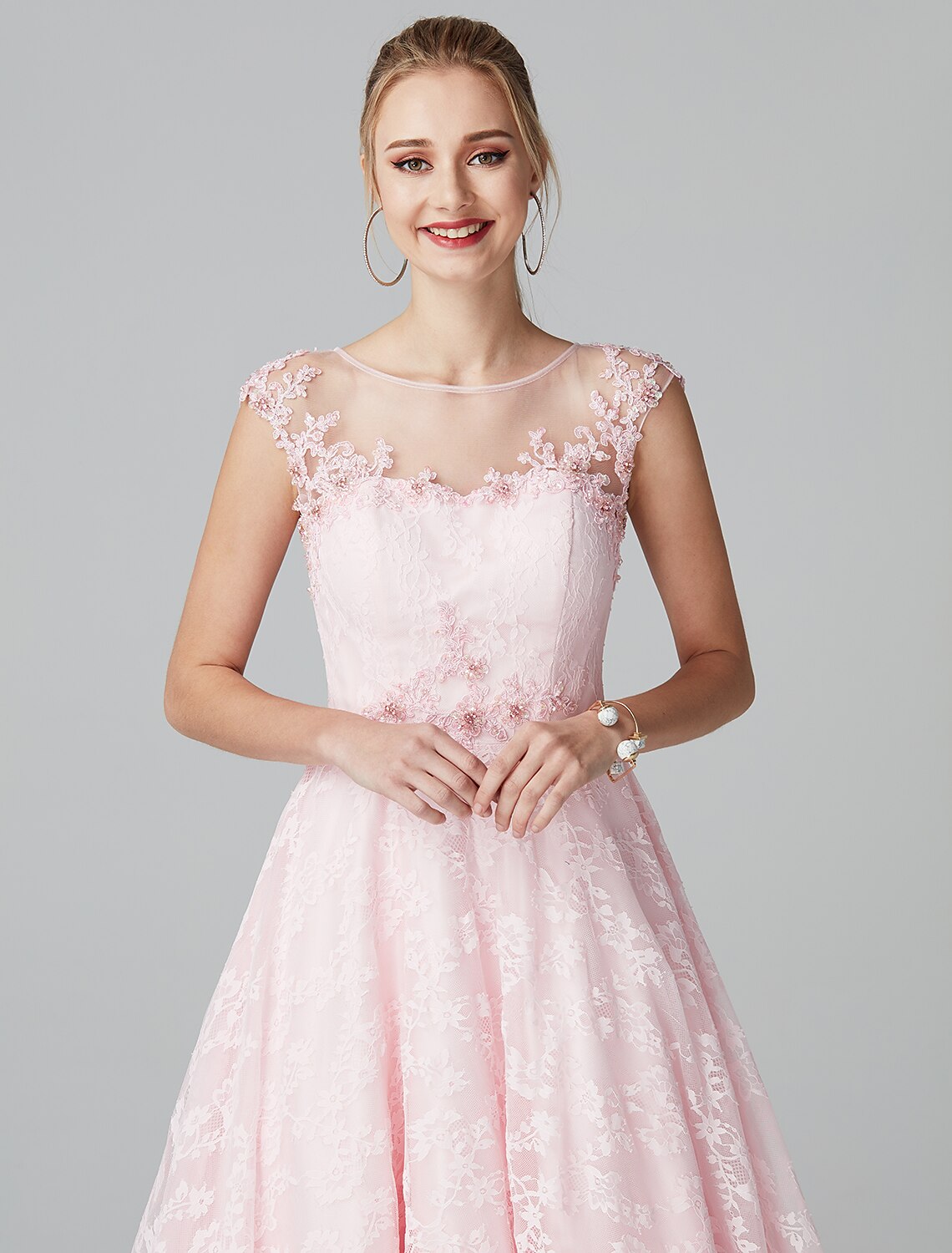 Wholesale  A-Line Prom Dresses Floral Dress Evening Party Wedding Guest Ankle Length Short Sleeve Illusion Neck Lace Zipper with Appliques