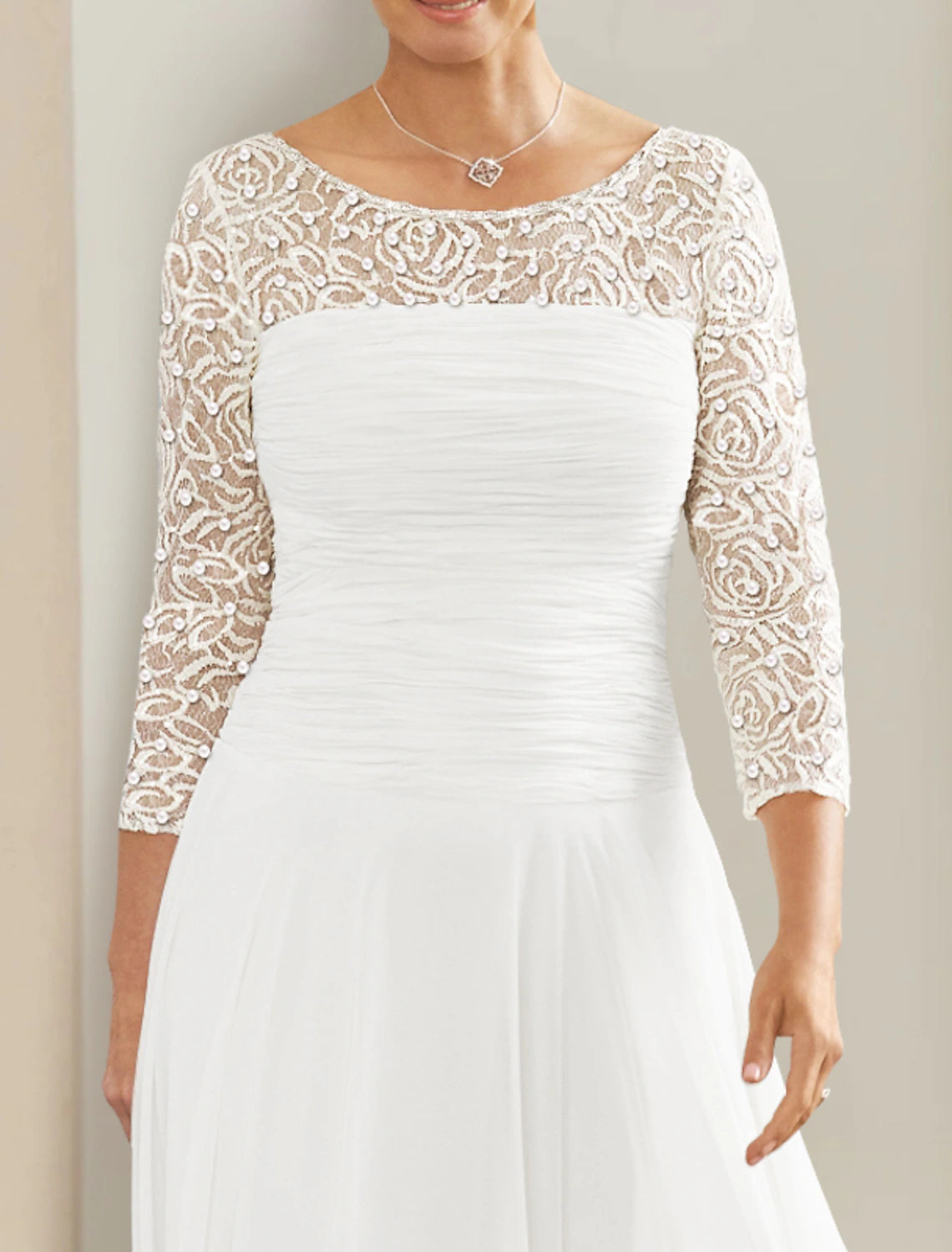 Wholesale Mature Modest Fall Wedding Dresses A-Line Illusion Neck 3/4 Length Sleeve Floor Length Chiffon Bridal Gowns With Ruched Solid Color