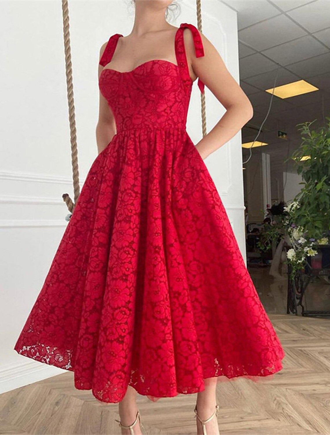 Wholesale A-Line Party Dresses Floral Dress Formal Wedding Guest Tea Length Sleeveless V Neck Lace with Appliques