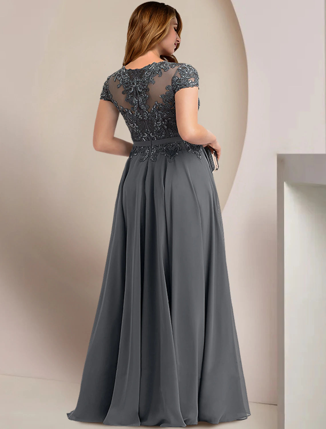 Wholesale  Mother of the Bride Dresses Plus Size Curve Hide Belly Wedding Guest Party Elegant Jewel Neck Floor Length Chiffon Lace Short Sleeve with Pleats Sequin