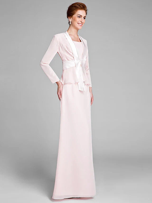 Wholesale Mermaid / Trumpet Mother of the Bride Dress Convertible Dress Scoop Neck Floor Length Chiffon Long Sleeve Wrap Included with Sash / Ribbon