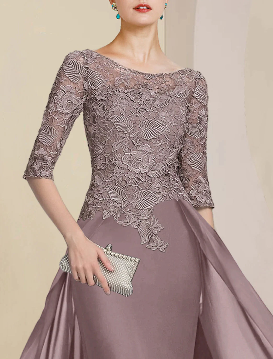 Wholesale Sheath / Column Mother of the Bride Dress Formal Wedding Guest Elegant Scoop Neck Floor Length Chiffon Lace Half Sleeve with Appliques