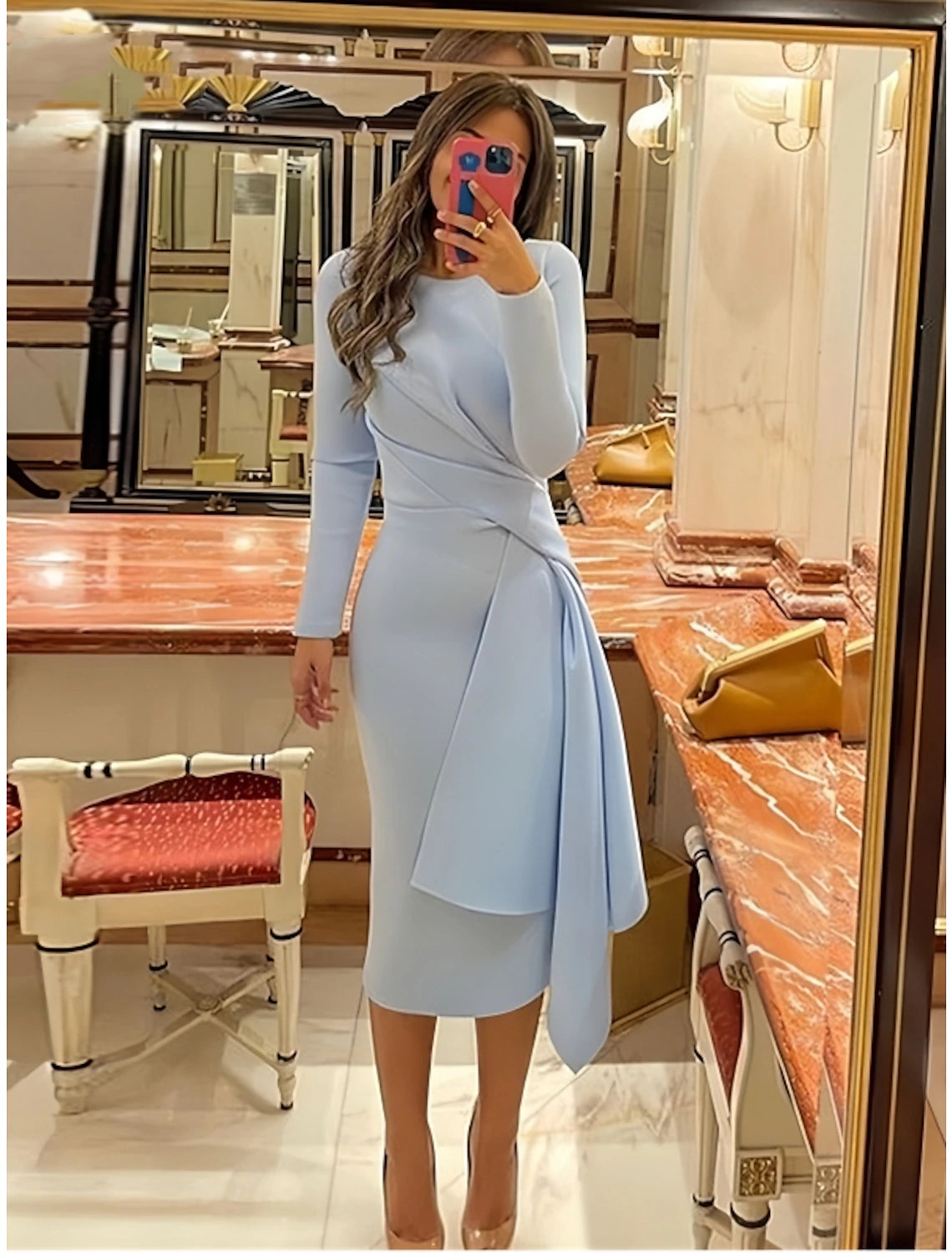 Wholesale Sheath / Column Cocktail Dresses Elegant Dress Formal Fall Knee Length Long Sleeve Jewel Neck Stretch Fabric with Pleats Ruched