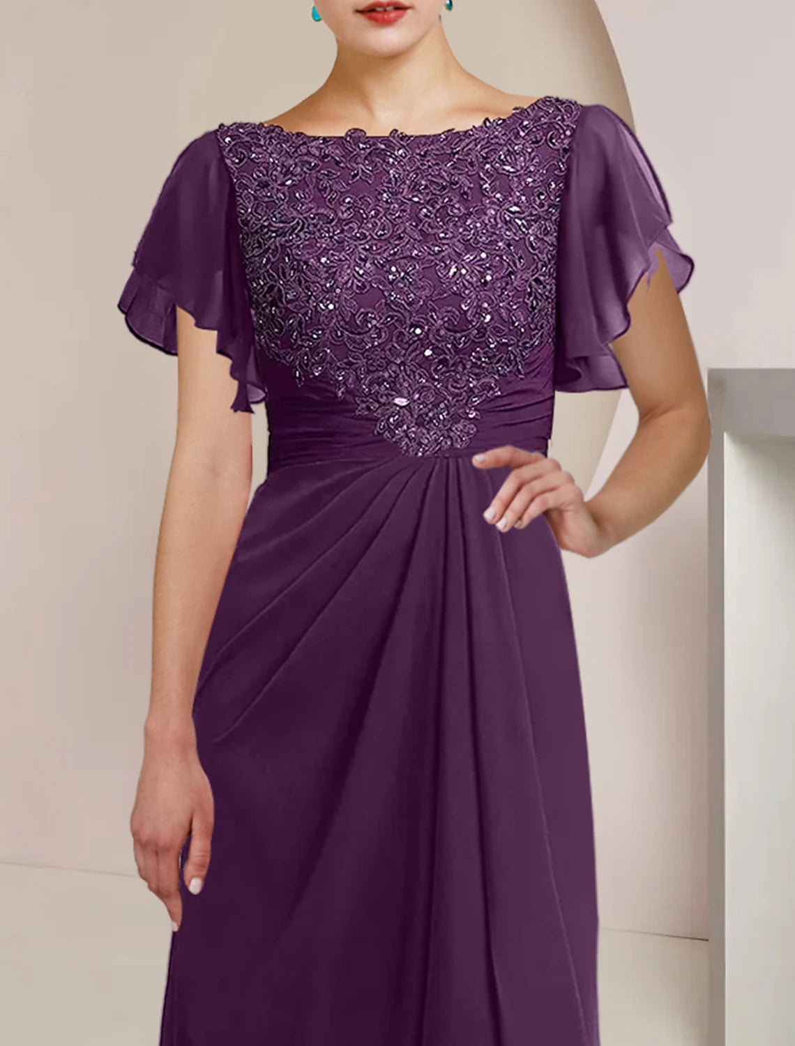 Wholesale  A-Line Mother of the Bride Dress Formal Wedding Guest Elegant Scoop Neck Tea Length Chiffon Lace 3/4 Length Sleeve with Beading Sequin Appliques