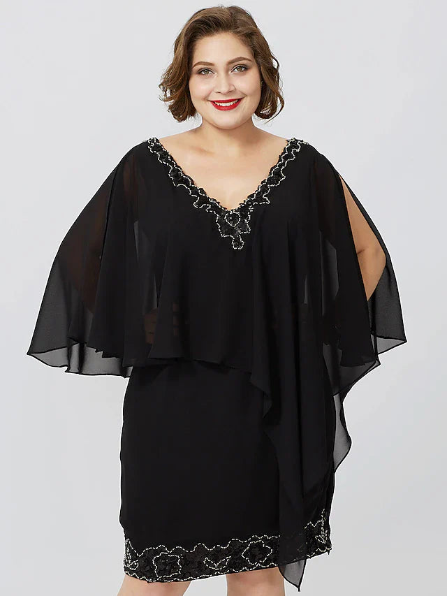 Wholesale Sheath / Column Mother of the Bride Dress Formal Classic & Timeless Elegant & Luxurious Plus Size V Neck Knee Length Chiffon Sleeveless No with Crystals Beading