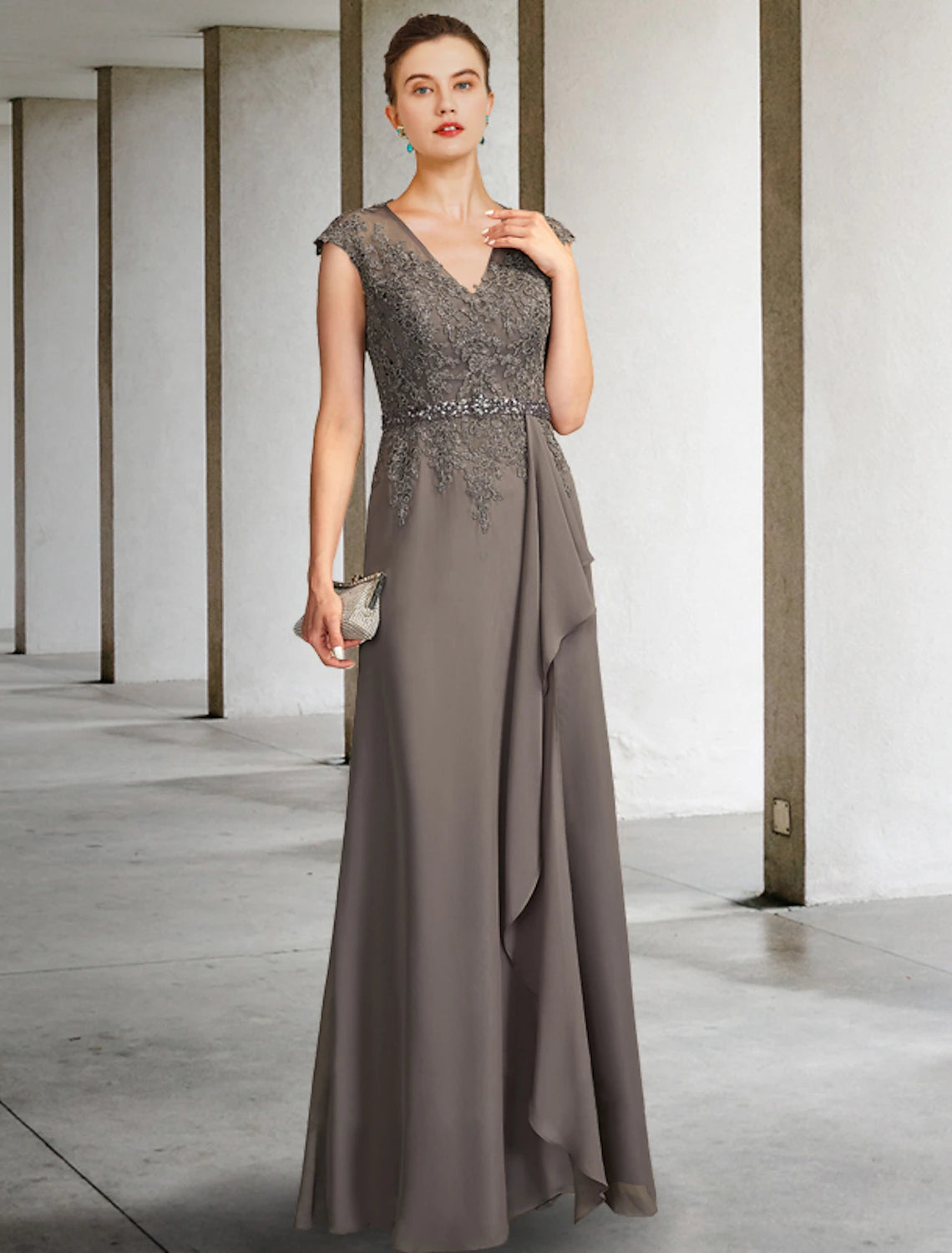 Wholesale  A-Line Mother of the Bride Dress Elegant V Neck Floor Length Chiffon Lace Cap Sleeve with Sash / Ribbon Appliques