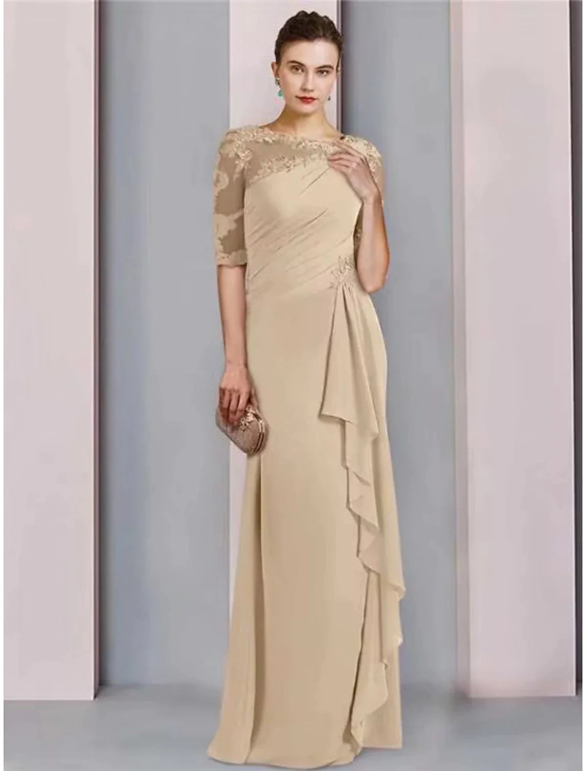 Wholesale Sheath / Column Mother of the Bride Dress Wedding Guest Elegant Scoop Neck Floor Length Chiffon Half Sleeve with Lace Ruffles Ruching