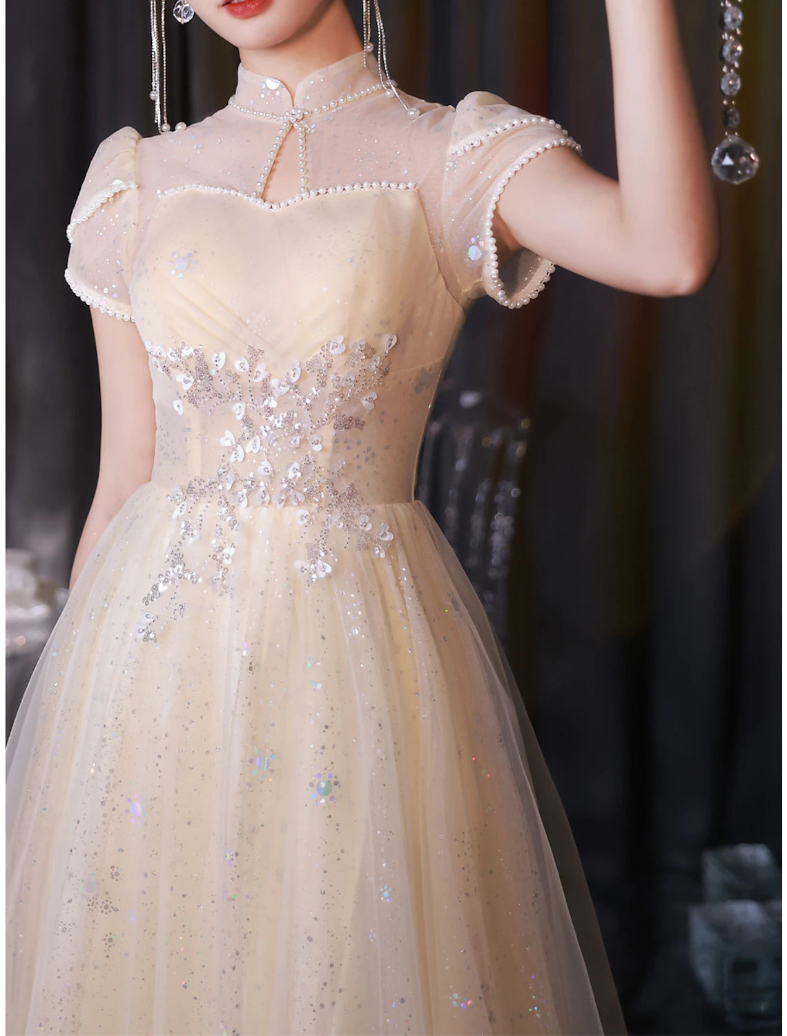 Wholesale A-Line Evening Gown Sparkle & Shine Dress Engagement Prom Floor Length Short Sleeve Stand Collar Satin with Buttons Ruched Pearls