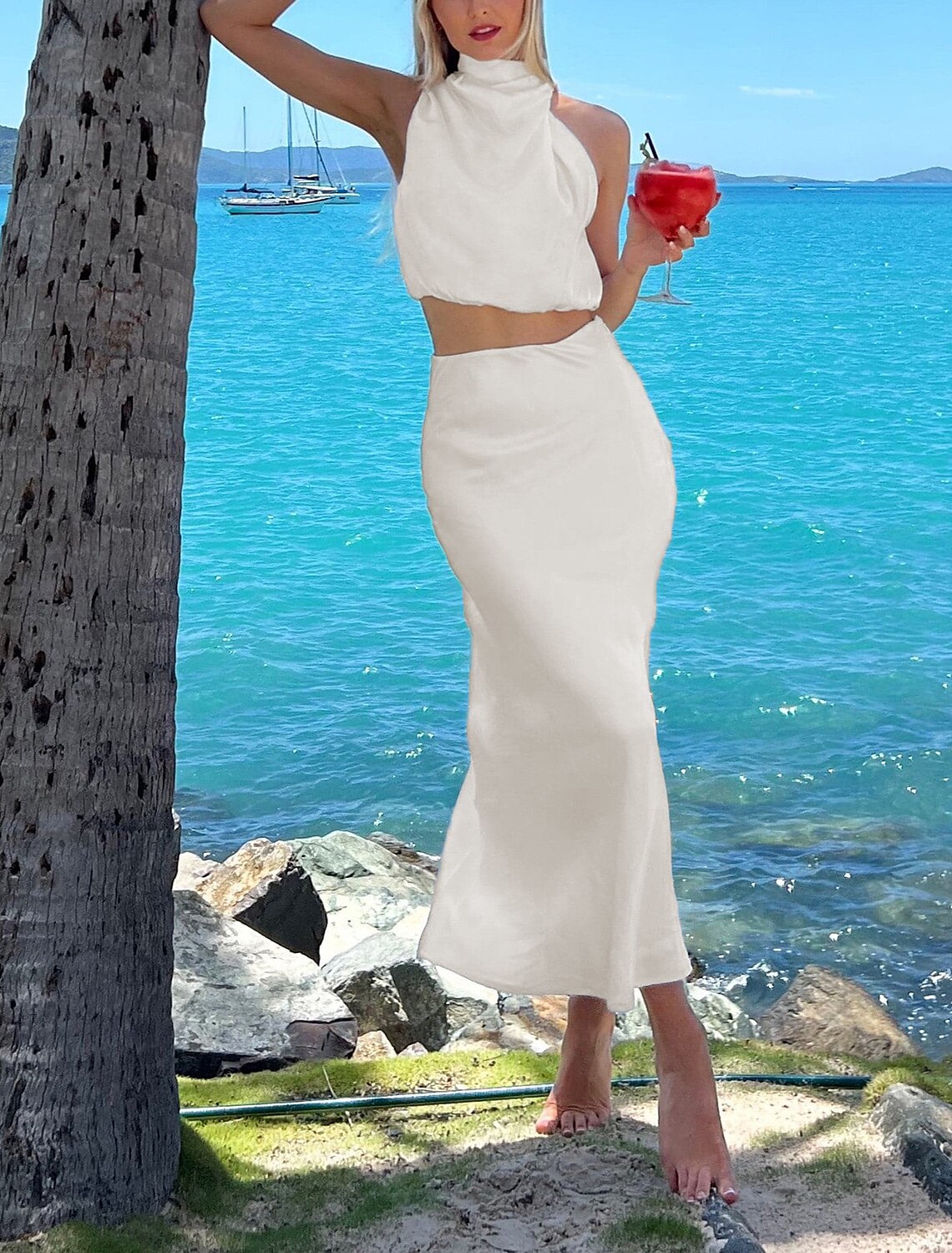 Wholesale Two Piece Sheath / Column Party Dresses Corsets Dress Party Wear Wedding Guest Ankle Length Sleeveless High Neck Satin with Overskirt