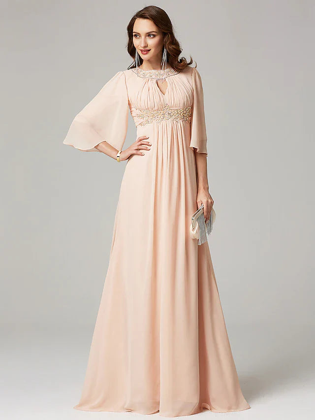 Wholesale A-Line Mother of the Bride Dress Luxurious Elegant Jewel Neck Sweep / Brush Train Chiffon Half Sleeve with Pleats Beading