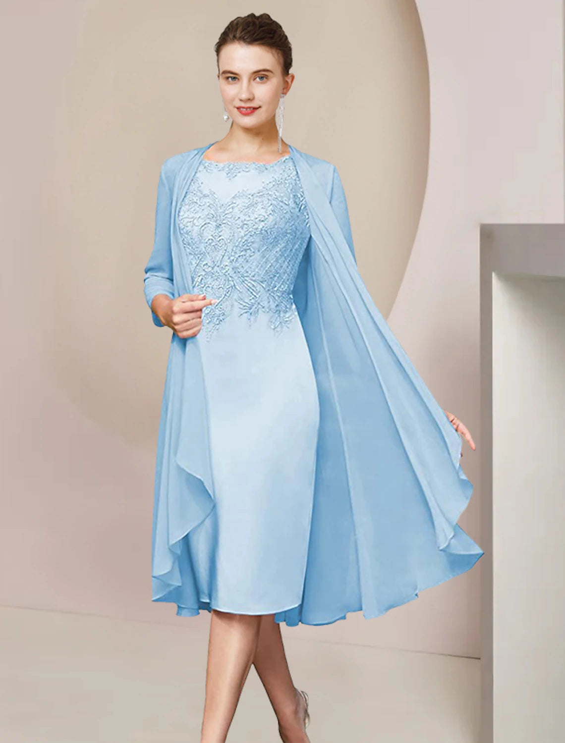 Wholesale Two Piece Sheath / Column Mother of the Bride Dress Formal Wedding Guest Elegant Scoop Neck Knee Length Chiffon Lace Half Sleeve Jacket Dresses with Appliques