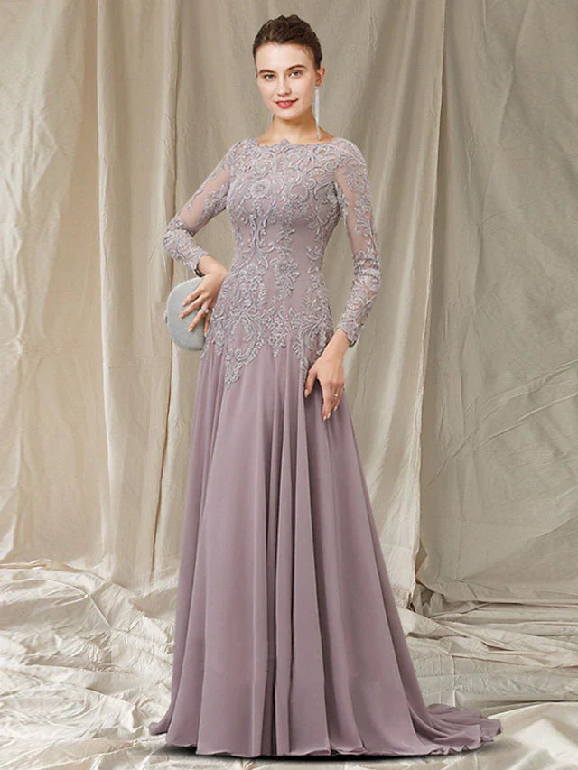 Wholesale A-Line Mother of the Bride Dress Elegant Jewel Neck Sweep / Brush Train Chiffon Lace Long Sleeve with Pleats Appliques