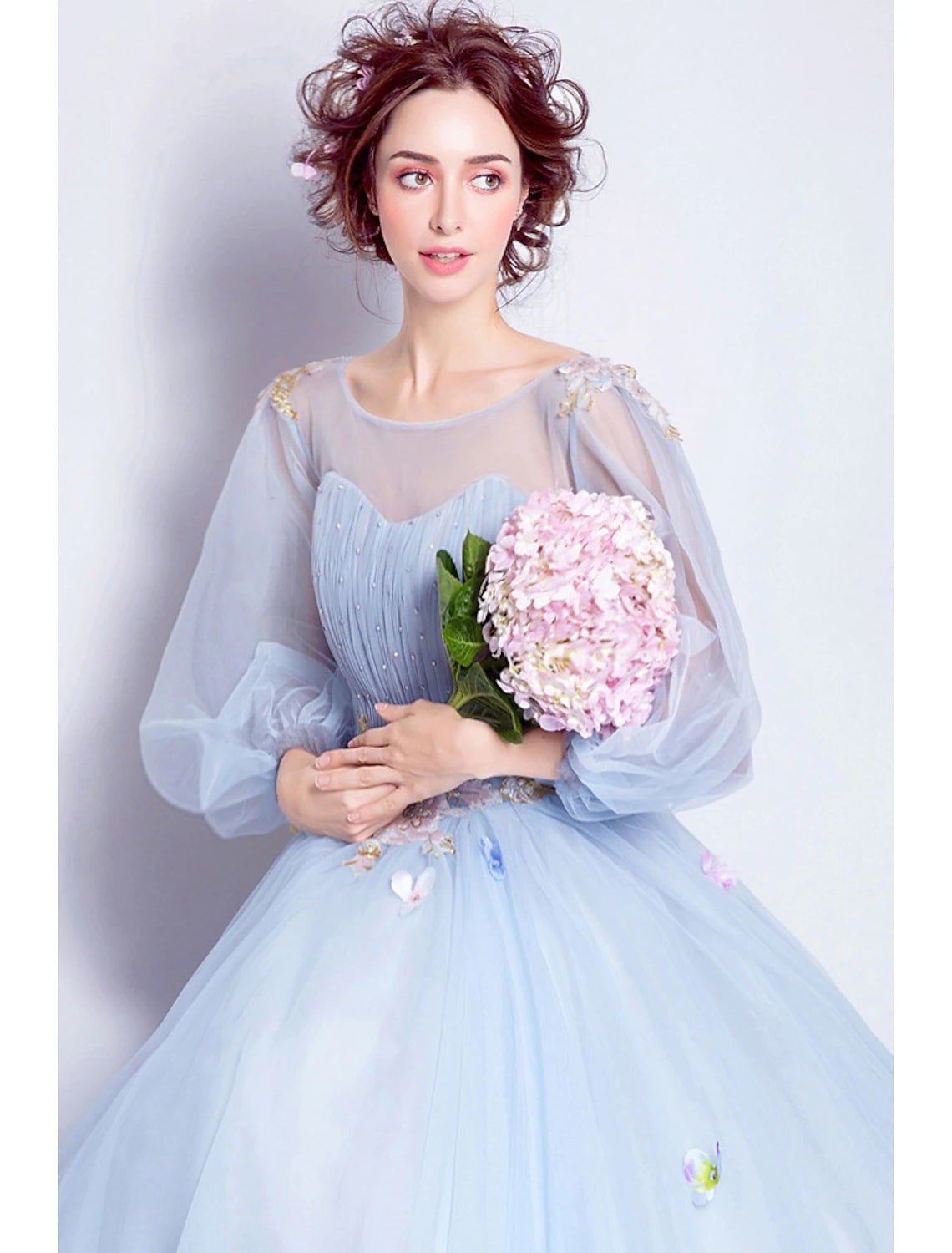 Wholesale  Ball Gown Elegant Floral Puffy Quinceanera Engagement Dress Illusion Neck 3/4 Length Sleeve Floor Length Tulle with Pleats Appliques