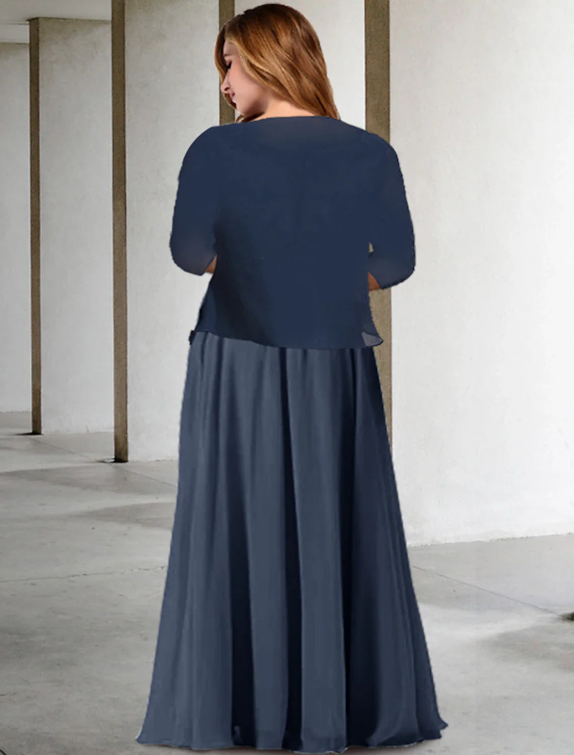 Wholesale Two Piece A-Line Mother of the Bride Dresses Plus Size Hide Belly Curve Elegant Dress Formal Floor Length Half Sleeve V Neck Chiffon with Pleats Appliques