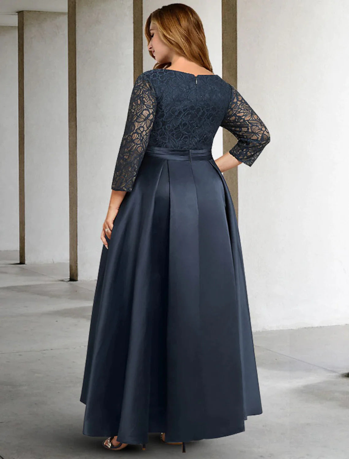 Wholesale A-Line Mother of the Bride Dresses Plus Size Hide Belly Curve Elegant Dress Formal Asymmetrical 3/4 Length Sleeve V Neck Satin with Pleats Ruched