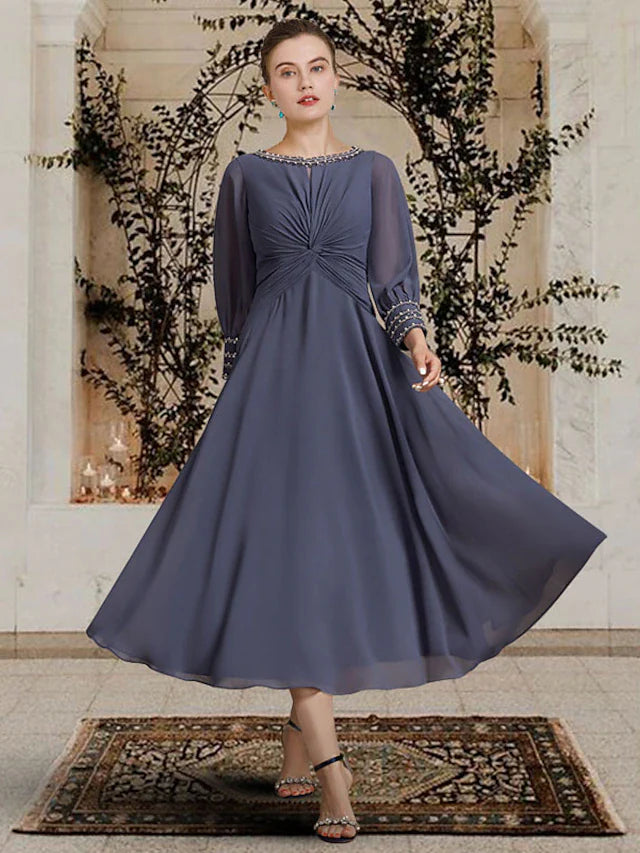 Wholesale A-Line Mother of the Bride Dress Elegant Jewel Neck Tea Length Chiffon Long Sleeve with Beading