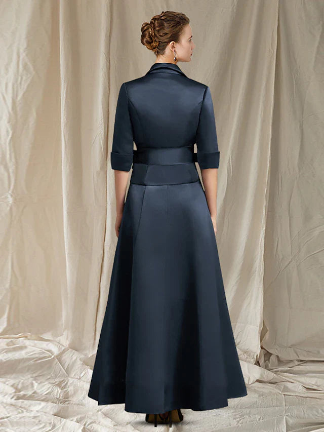 Wholesale A-Line Mother of the Bride Dress Elegant Shirt Collar V Neck Ankle Length Satin Half Sleeve with Bow(s)
