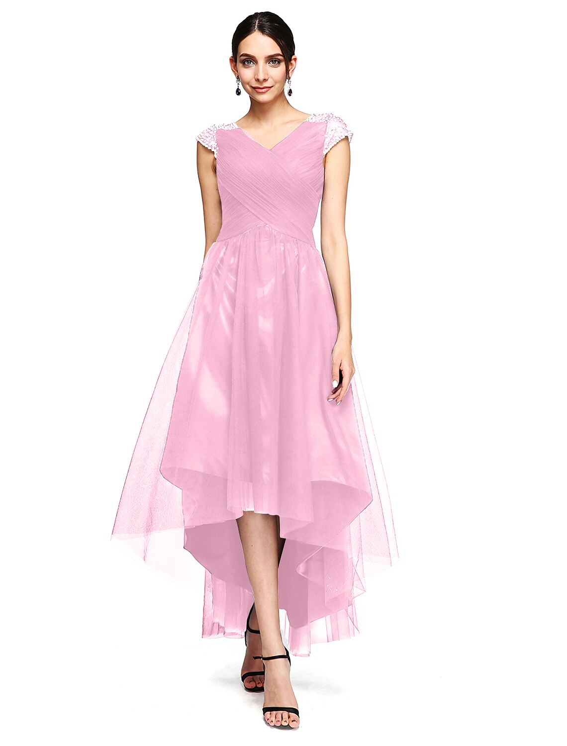 Wholesale  A-Line Special Occasion Dresses Open Back Dress Wedding Guest Prom Asymmetrical Short Sleeve V Neck Tulle with Criss Cross Beading