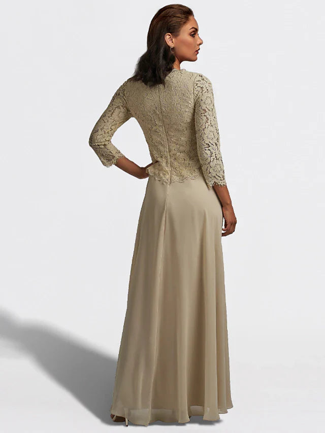 Wholesale A-Line Mother of the Bride Dress Plus Size Elegant V Neck Floor Length Chiffon Lace 3/4 Length Sleeve with Pleats Ruffles