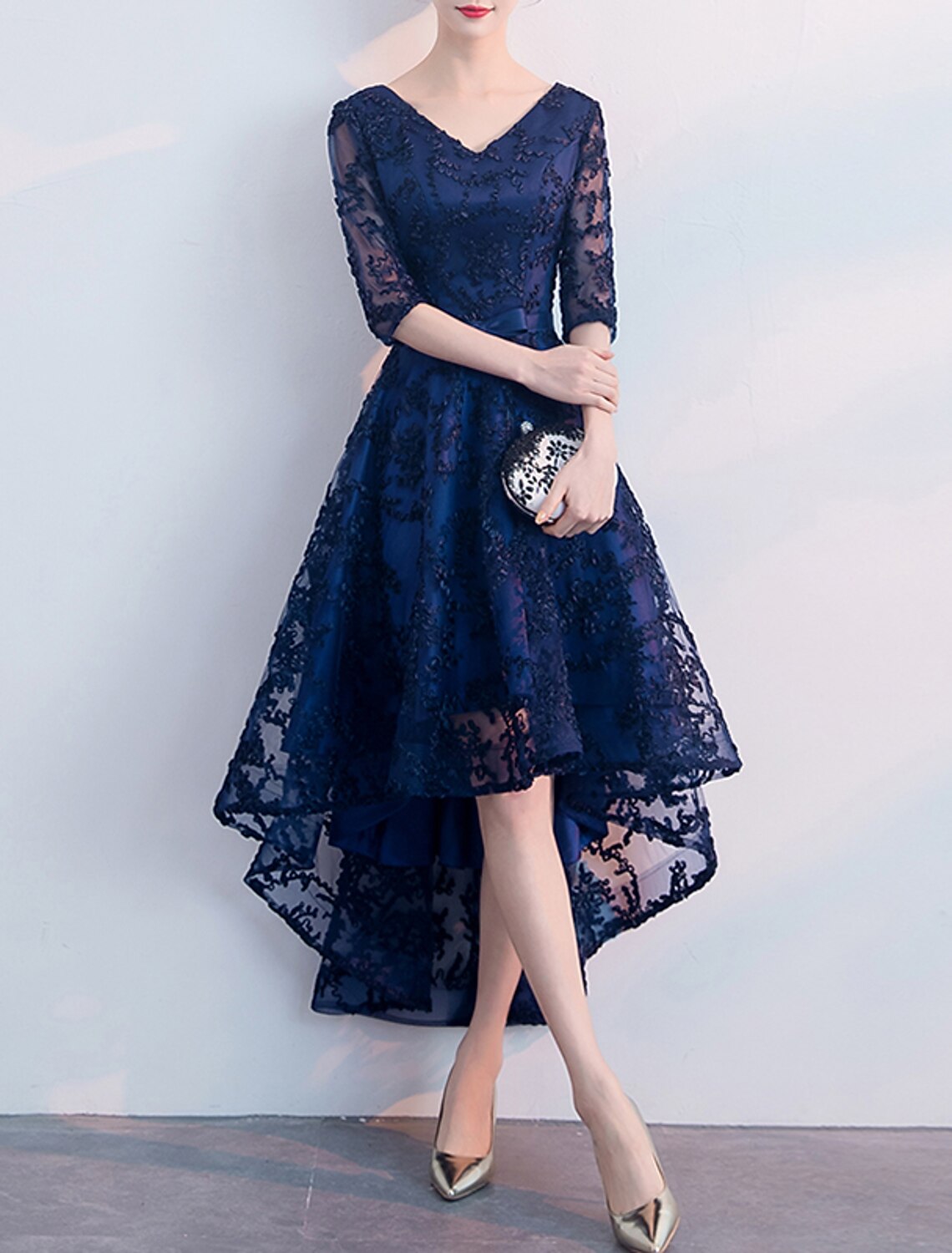 Wholesale A-Line Cocktail Dresses Minimalist Dress Wedding Guest Party Wear Asymmetrical Half Sleeve V Neck Tulle with Pleats