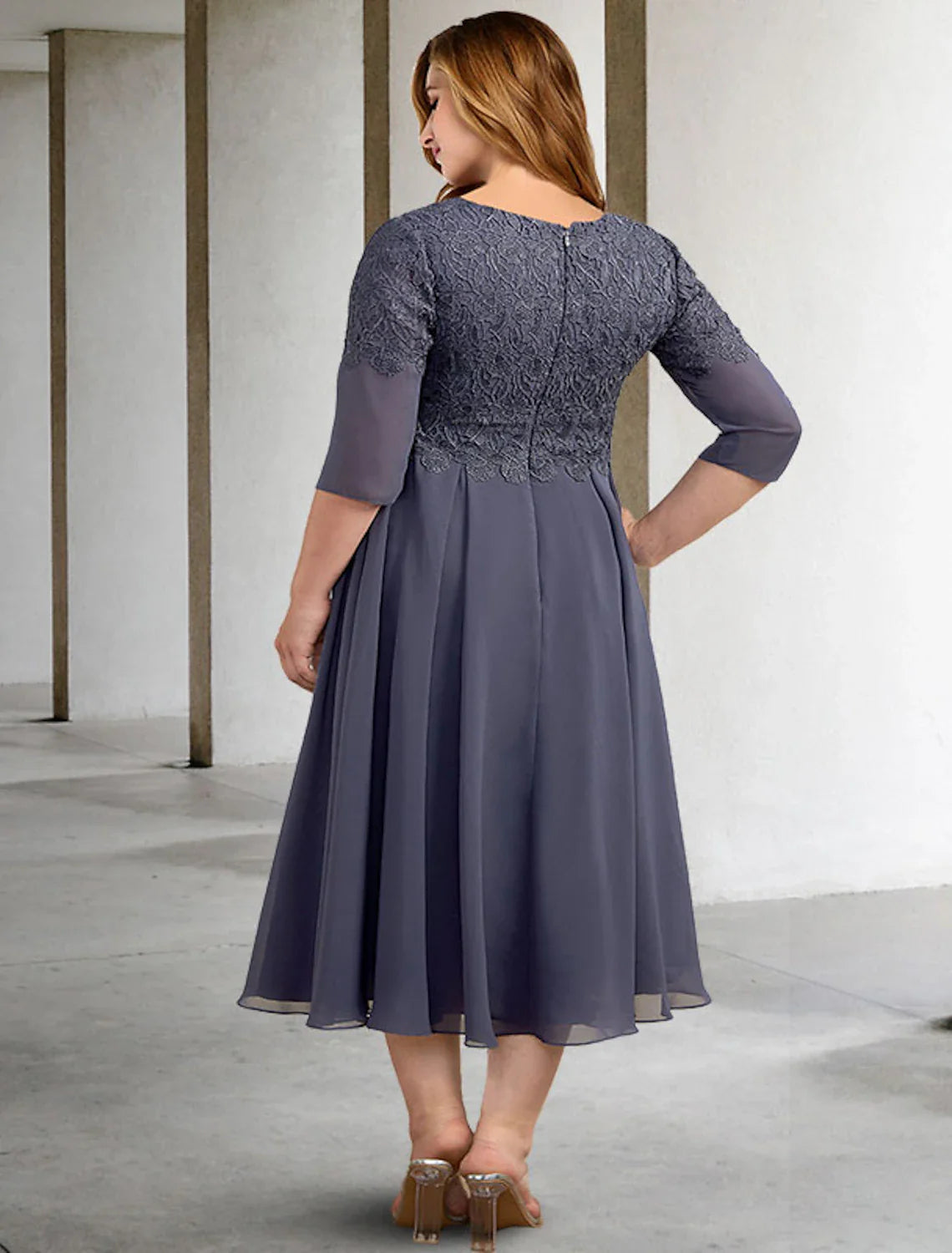 Wholesale A-Line Mother of the Bride Dresses Plus Size Hide Belly Curve Elegant Dress Formal Tea Length Half Sleeve V Neck Chiffon with Buttons Appliques Fall