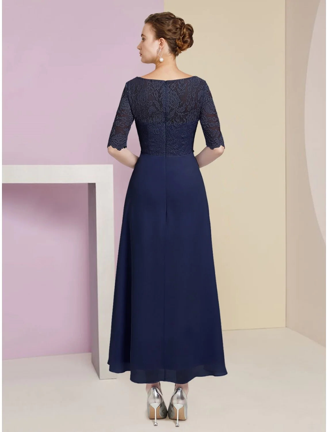 Wholesale A-Line Mother of the Bride Dress Wedding Guest Elegant Scoop Neck Ankle Length Stretch Chiffon Half Sleeve with Crystals Ruching