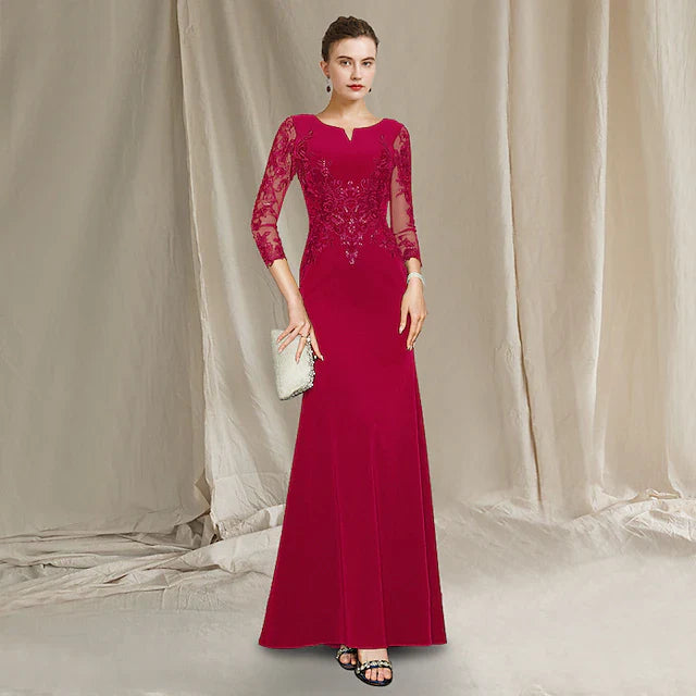 Wholesale Sheath / Column Mother of the Bride Dress Elegant Jewel Neck Floor Length Chiffon Lace Short Sleeve with Sequin Ruffles Appliques