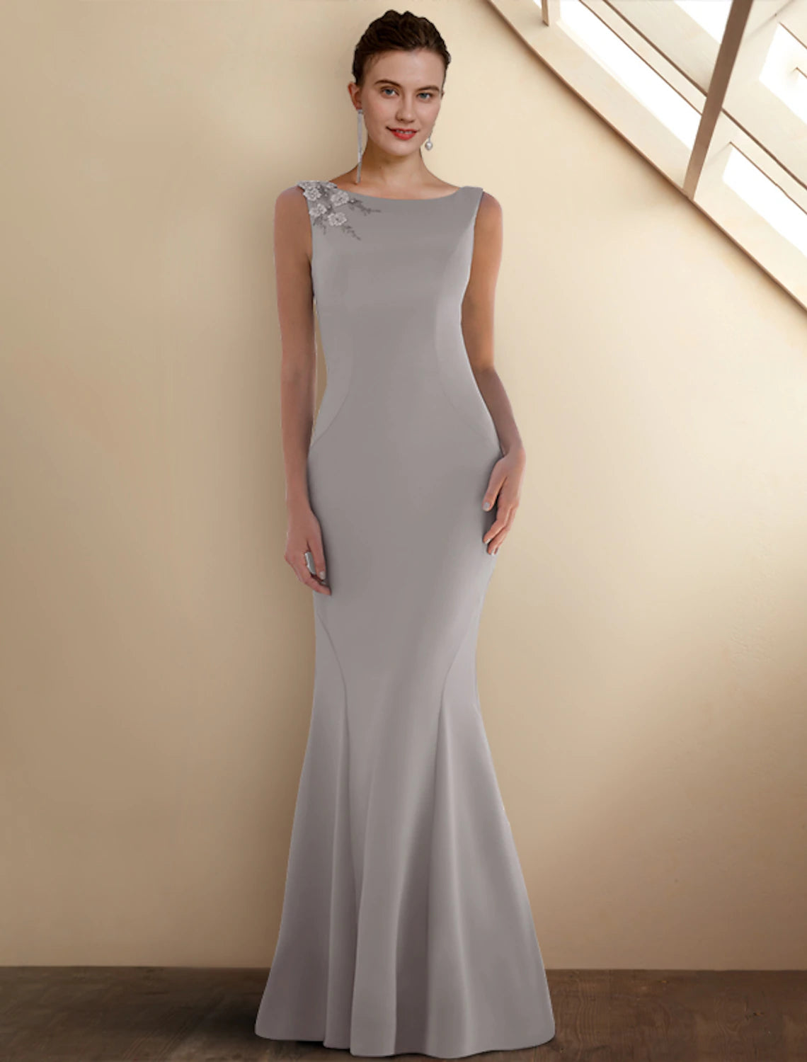 Wholesale  Mermaid / Trumpet Mother of the Bride Dress Elegant Jewel Neck Sweep / Brush Train Stretch Chiffon Sleeveless Short Jacket Dresses with Appliques