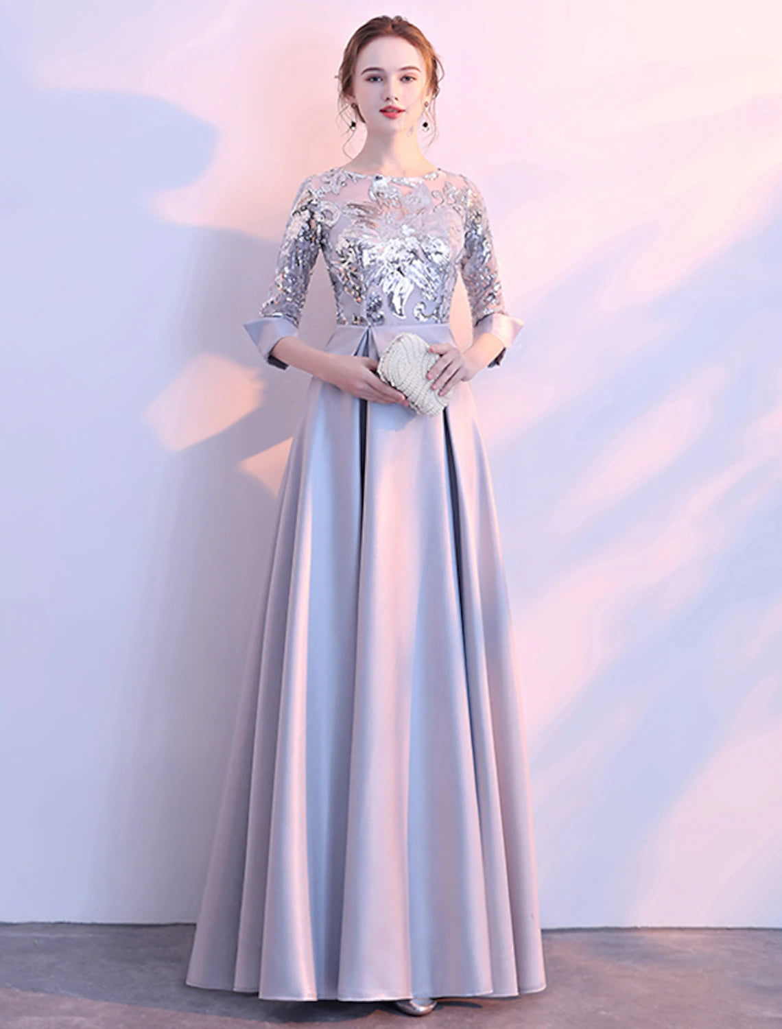 Wholesale  A-Line Glittering Elegant Prom Formal Evening Dress Jewel Neck 3/4 Length Sleeve Floor Length Satin with Sequin