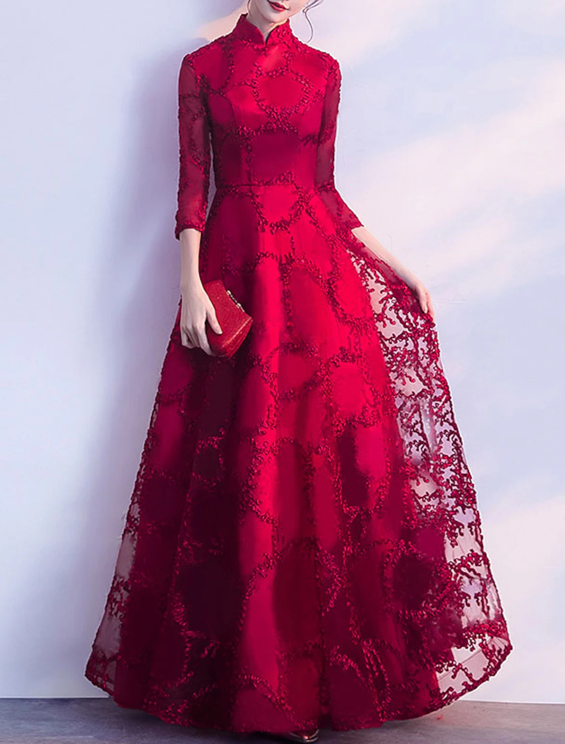 Wholesale A-Line Chinese Style Vintage Prom Formal Evening Dress Stand Collar 3/4 Length Sleeve Floor Length Tulle with Pleats Appliques