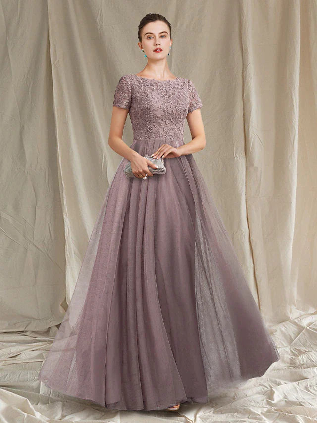 Wholesale A-Line Mother of the Bride Dress Luxurious Elegant Jewel Neck Floor Length Lace Tulle Short Sleeve with Pleats Appliques