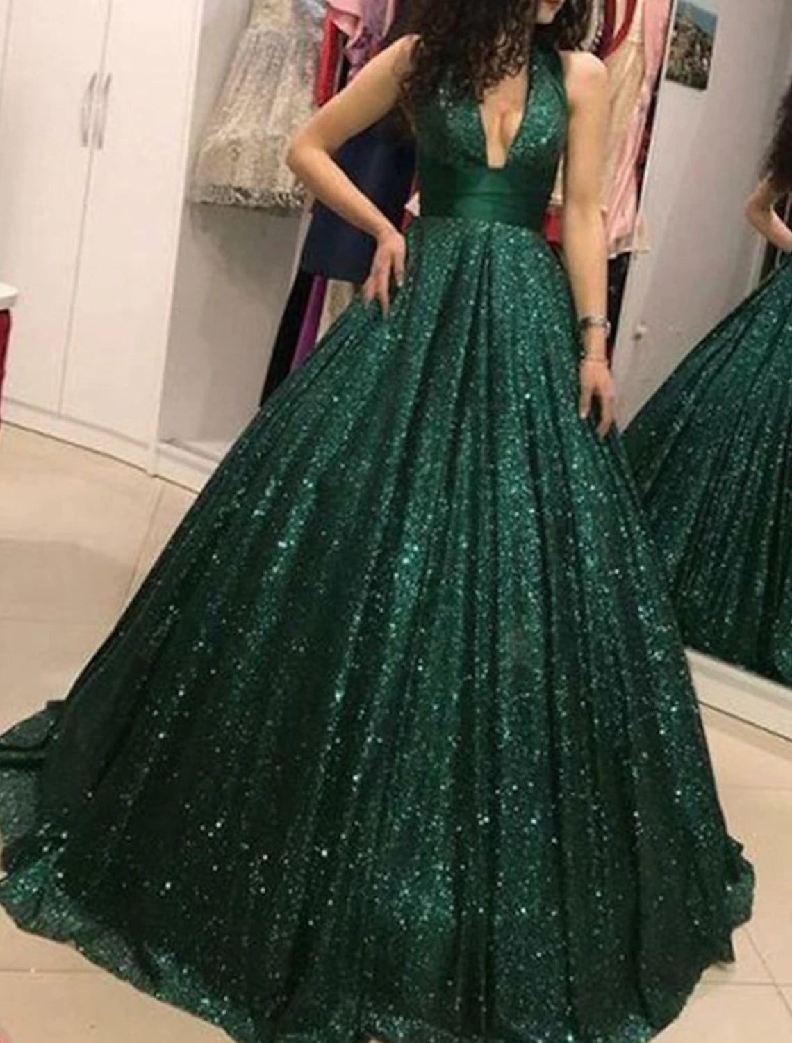 Wholesale Ball Gown Prom Dresses Glittering Dress Wedding Party Birthday Floor Length Sleeveless V Neck Tulle with Sequin
