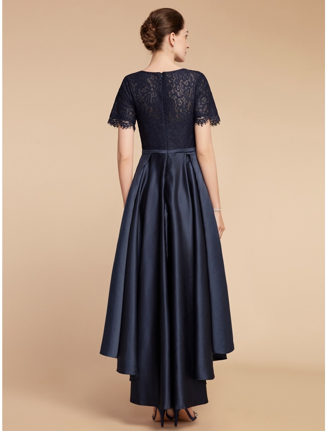 Wholesale A-Line Mother of the Bride Dress Wedding Guest Elegant Jewel Neck Asymmetrical Satin Lace Short Sleeve with Ruching Solid Color