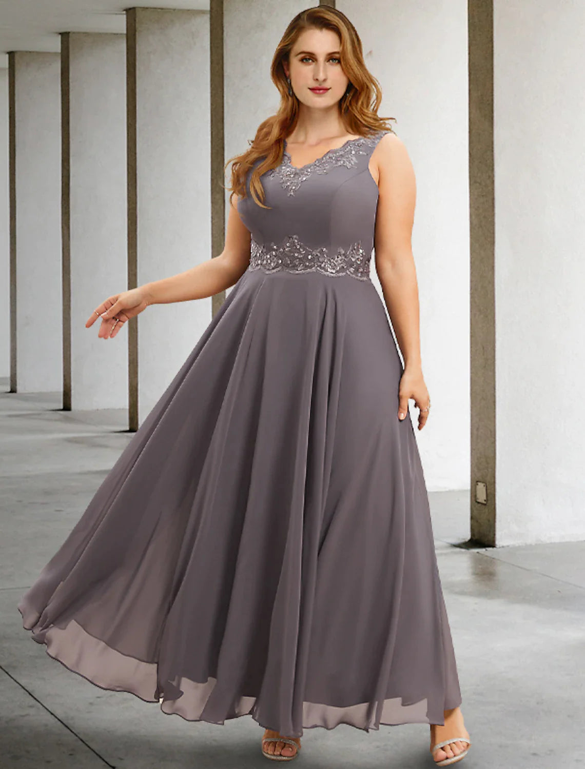 Wholesale Two Piece A-Line Wedding Guest Dresses Plus Size Hide Belly Elegant Dress Formal Tea Length Sleeveless V Neck Chiffon with Appliques