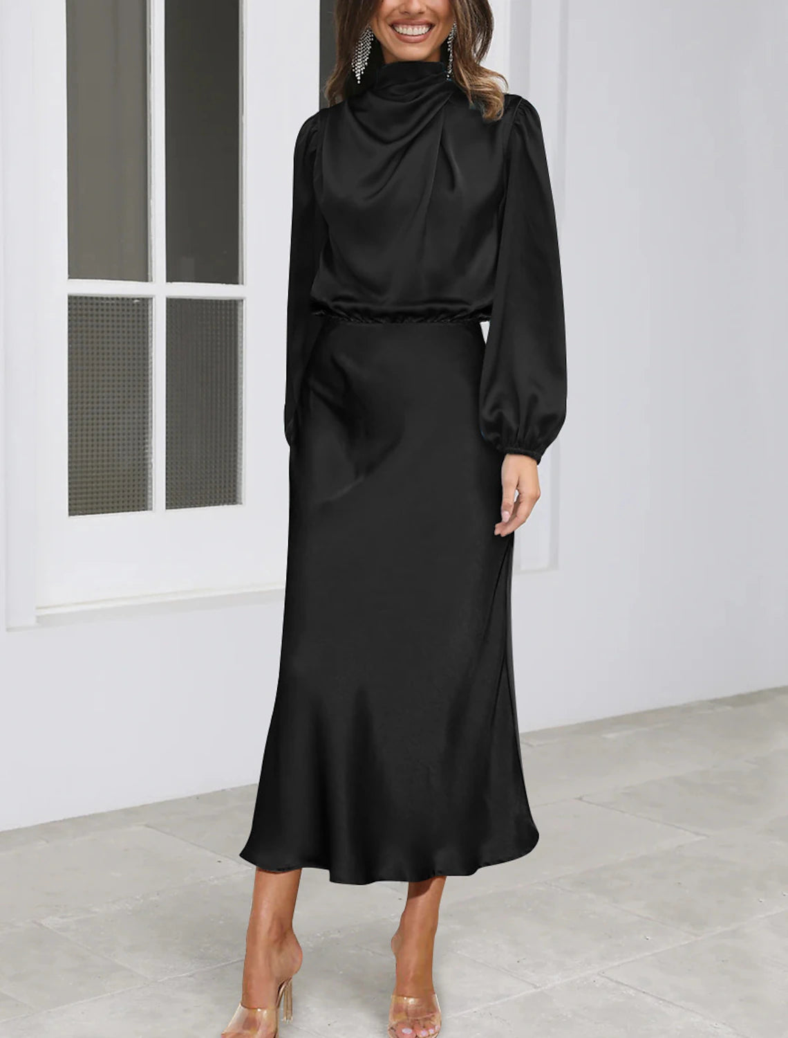 Wholesale Champagne Green Pink Mermaid / Trumpet Party Dresses Vintage Dress Birthday Ankle Length Long Sleeve High Neck Fall Wedding Reception Stretch Satin