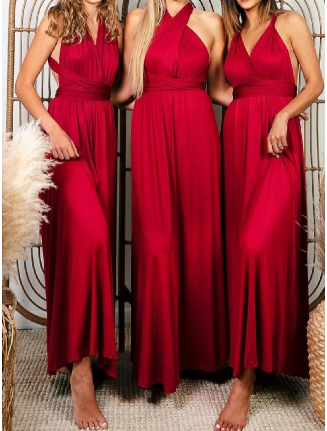 Wholesale Sheath / Column Bridesmaid Dress Halter Sleeveless Convertible Ankle Length Spandex with Pleats / Solid Color