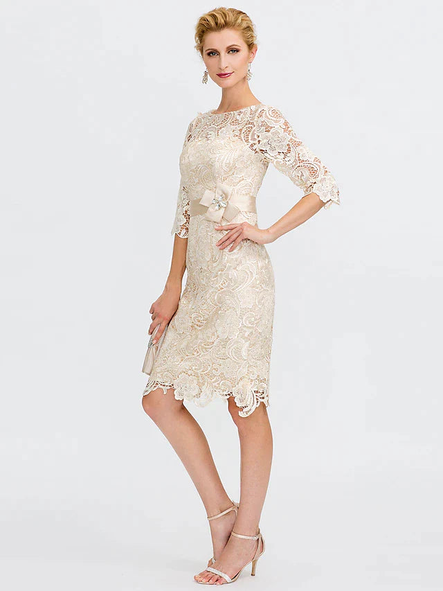 Wholesale Sheath / Column Mother of the Bride Dress Formal Wedding Guest Plus Size Elegant Illusion Neck Knee Length All Over Lace 3/4 Length Sleeve with Bow(s)
