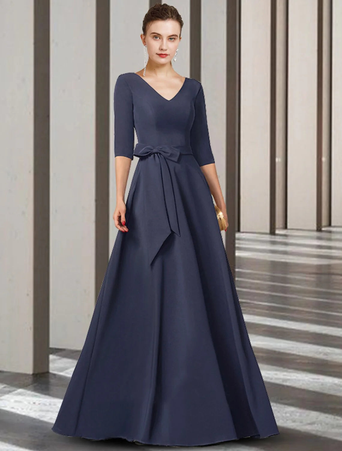 Wholesale Sheath / Column Mother of the Bride Dress Elegant V Neck Floor Length Stretch Chiffon Half Sleeve with Bow(s) Pleats