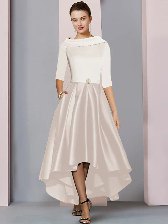 Wholesale A-Line Mother of the Bride Dress Wedding Guest Elegant High Low Scoop Neck Asymmetrical Tea Length Satin Half Sleeve with Pleats Color Block