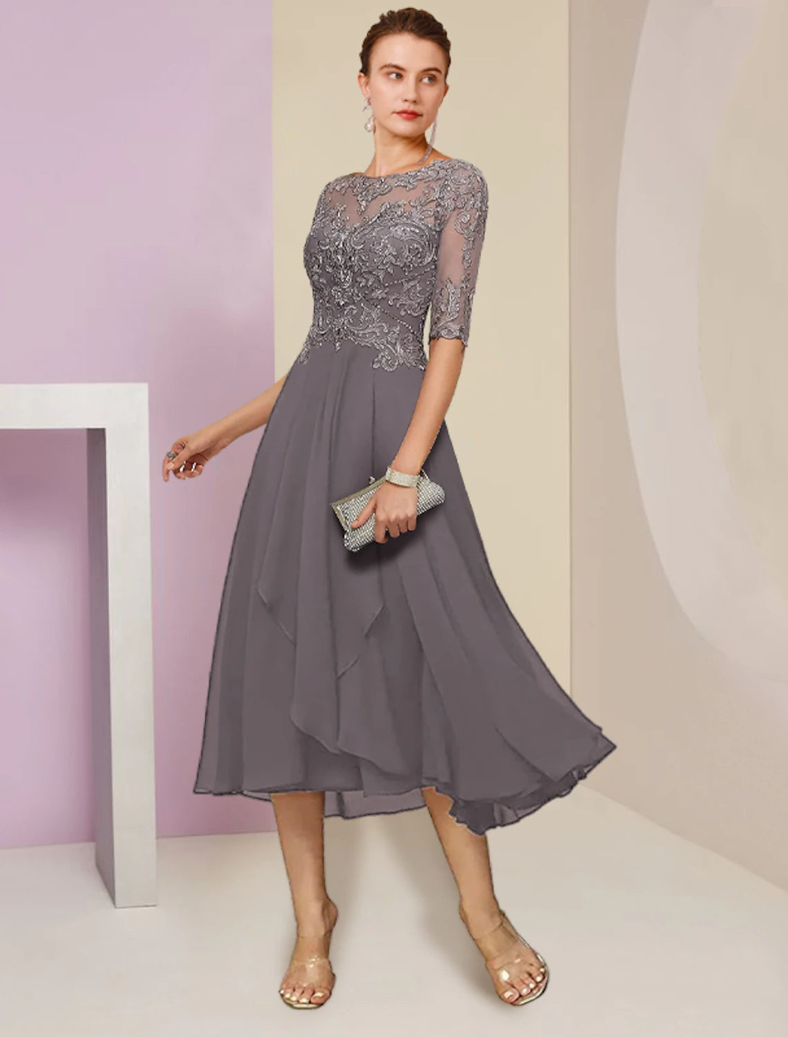 Wholesale  Two Piece A-Line Mother of the Bride Dress Formal Wedding Guest Elegant Scoop Neck Tea Length Chiffon Lace Half Sleeve Wrap Included with Beading Sequin Appliques