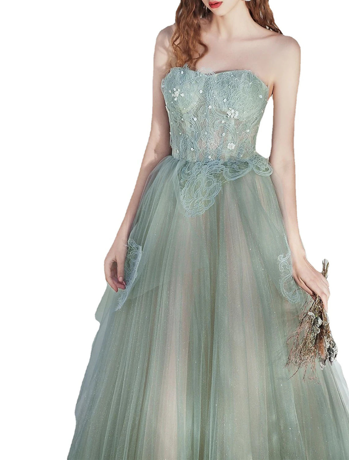 Wholesale A-Line Party Dresses Glittering Dress Prom Birthday Floor Length Sleeveless Strapless Tulle with Glitter