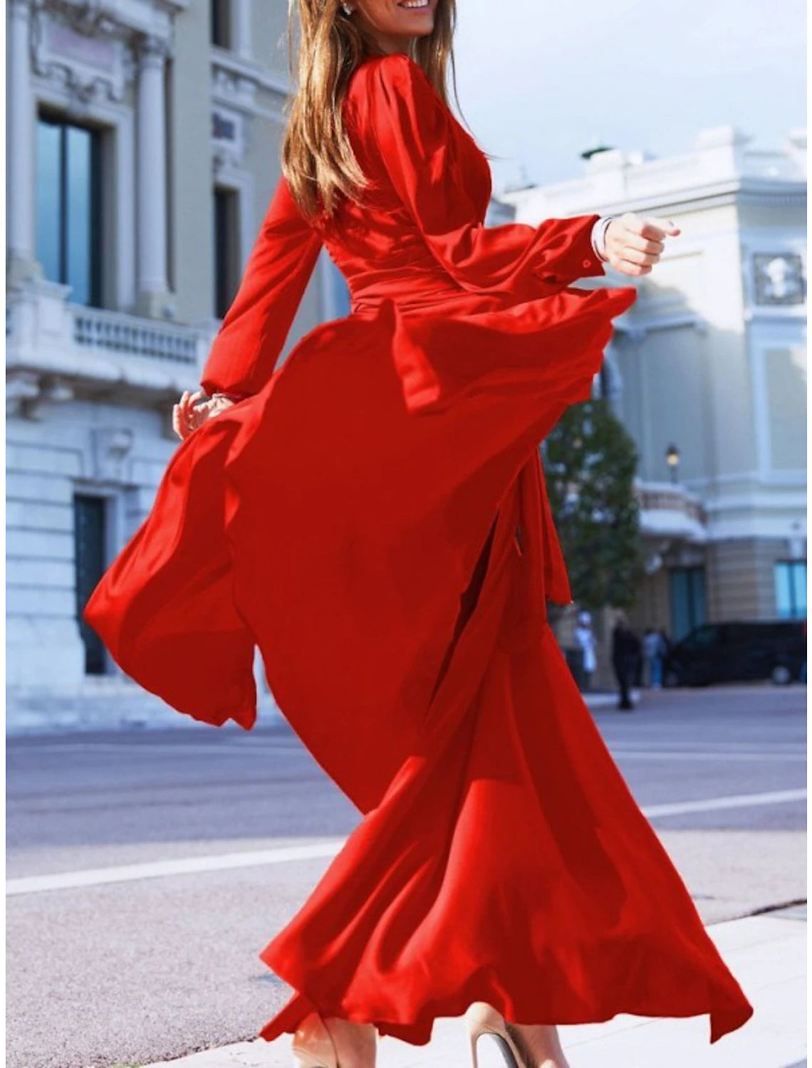 Wholesale Sheath / Column Bridesmaid Dress V Neck Long Sleeve Vintage Sweep / Brush Train Imitated Silk with Sash / Ribbon / Split Front