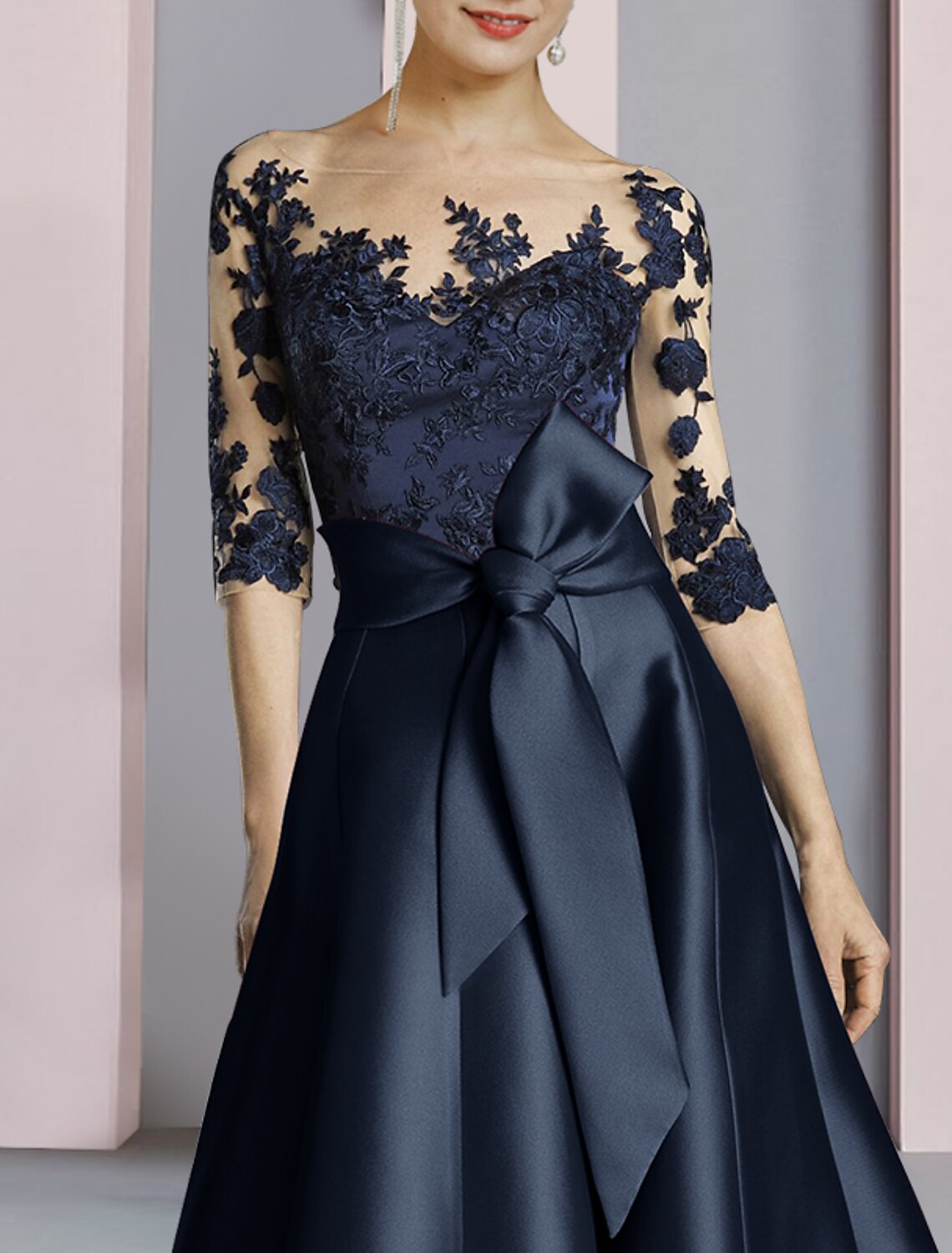 Wholesale  Sheath / Column Mother of the Bride Dress Fall Wedding Guest Party Elegant Scoop Neck Ankle Length Satin Lace Half Sleeve with Bow(s) Pleats