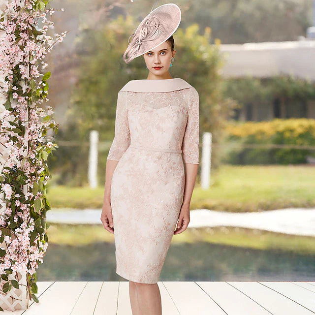 Wholesale Sheath / Column Mother of the Bride Dress Elegant Jewel Neck Knee Length Lace Half Sleeve with Sash / Ribbon Appliques