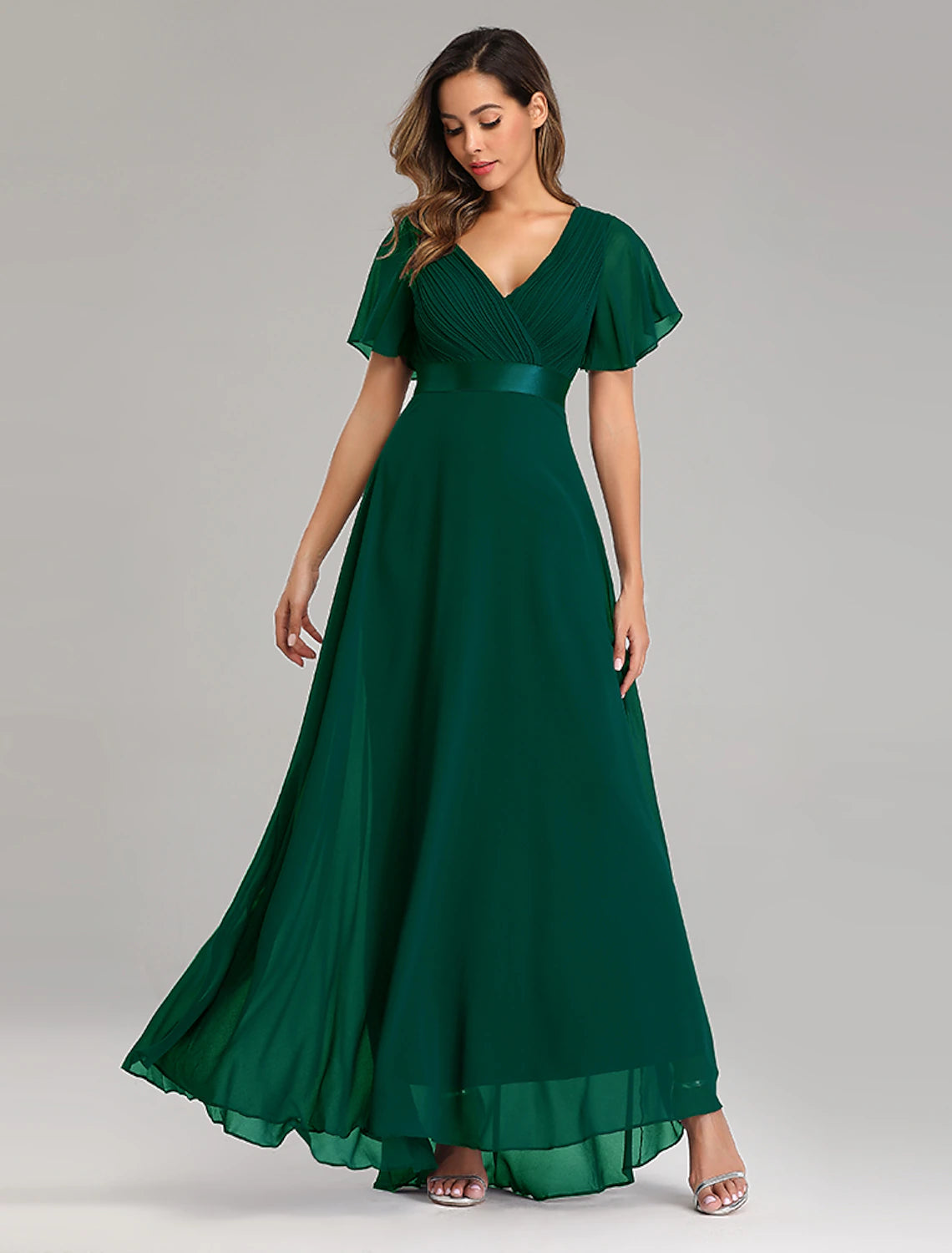 Wholesale  A-Line Prom Dresses Maxi Dress Fall Wedding Guest Dress For Bridesmaid Floor Length Short Sleeve V Neck Chiffon V Back with Ruched Ruffles
