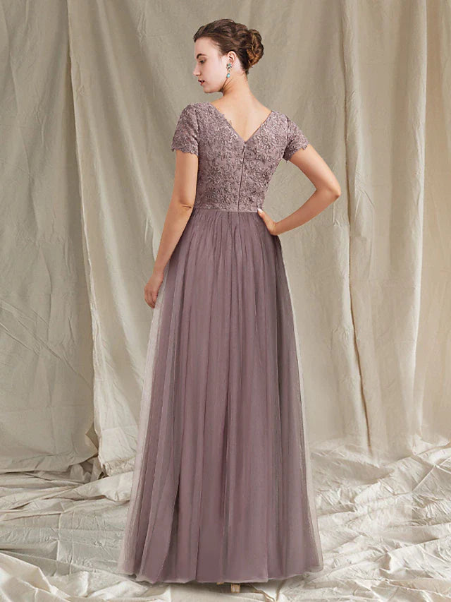 Wholesale A-Line Mother of the Bride Dress Luxurious Elegant Jewel Neck Floor Length Lace Tulle Short Sleeve with Pleats Appliques