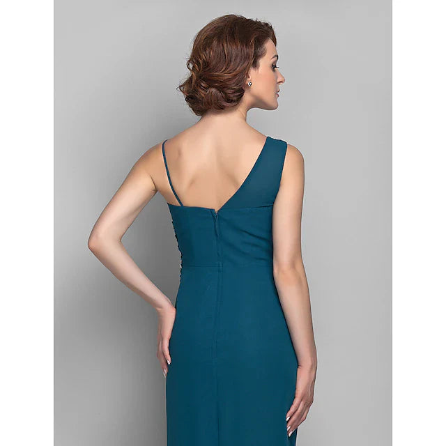 Wholesale Sheath / Column Mother of the Bride Dress Furcal One Shoulder Floor Length Chiffon Sleeveless with Beading